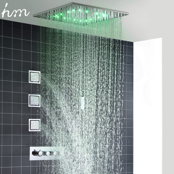 hm Rain And Mist LED Ceiling Shower Fauct Tap 20 Inch Tempetatures Change Bathroom Shower Kit 3 Pcs Body JetsMixer Shower