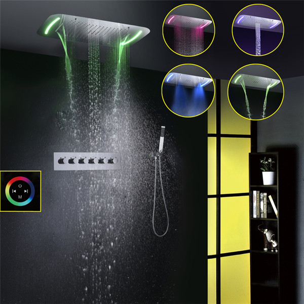 Thermostatic Shower Faucet Set Modern Luxury European Style Large Touch Panel LED Shower Head Waterfall Rainfall Bathroom Shower