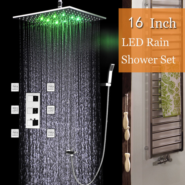 Bathroom Equipments LED Rainfall Showerhead Thermostatic Control Valves 3 Ways Shower Bath 40*40cm Ceiling Rain & Massage Faucet