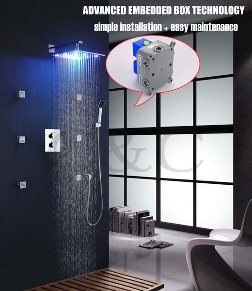 Easy Installation With Embedded Box 12 Inch LED 7 Colors Rainfall Shower Head Thermostatic Shower Faucet Set 002T-12-2C