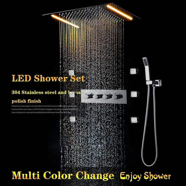 LED Shower Faucets Set Recessed Ceiling Concealed Shower Head 3-Functions High Flow Brass Mixer Tap 6pc Body Massage SPA Jets Bath