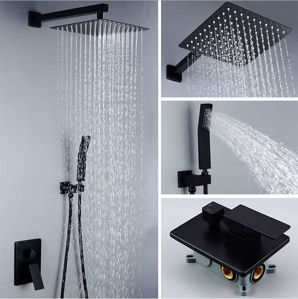 square big rain shower system 2 way conceal faucet mixer set 8/10/12 Inch overhead shower wall ceiling mounted top shower black finish