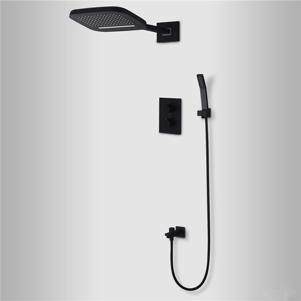 Black Shower Thermostatic Waterfall Rain Shower Head & Hand Shower Set in Solid Brass Bathroom Faucet Wall Mounted System