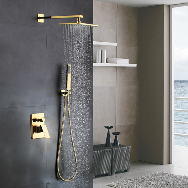 Golden solid brass Bathroom Luxury square Rainfall Mixer Shower Set Wall Mounted Rainfall Shower Head System Polished Gold Finish