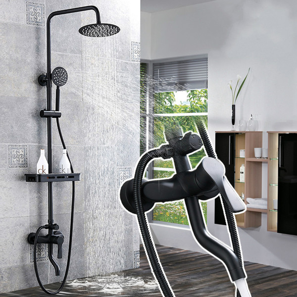 Matte Black Rainfall Shower Faucet Set Single Lever Bathtub Shower Mixer Faucet with Storage Shelf Shower Hot Cold Water Tap