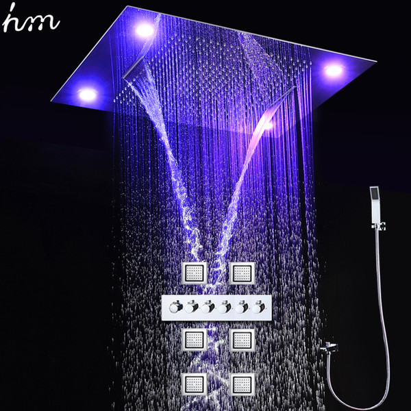 Modern 600*800mm Large LED Shower Head Set Overhead Big Rain waterfall Thermostatic Bathroom Faucets with massage body jets