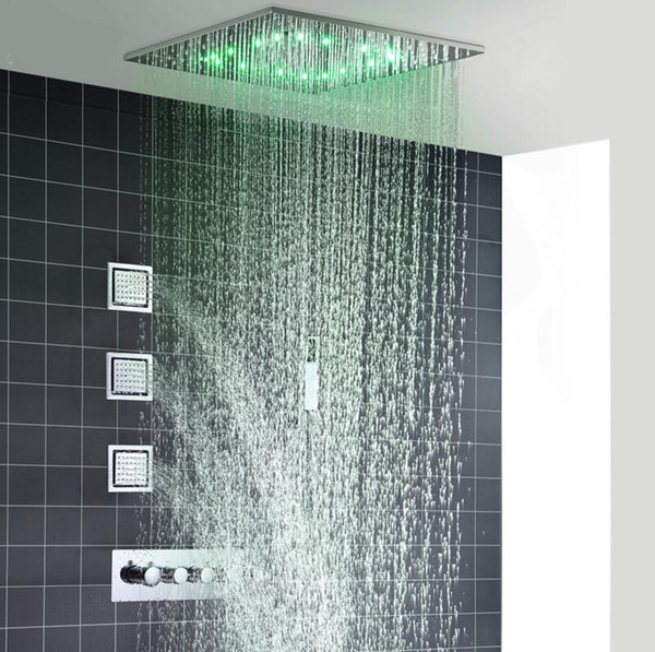 Rain And Mist LED Ceiling Shower Fauct Tap 20 Inch Tempetatures Change Bathroom Shower Kit 3 Pcs Body JetsMixer Shower