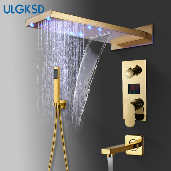 ULGKSD Bathroom Shower Faucet LED Golden Brass Waterfall Rain Shower Head Wall Mount Hot and Cold Water Mixer Tap