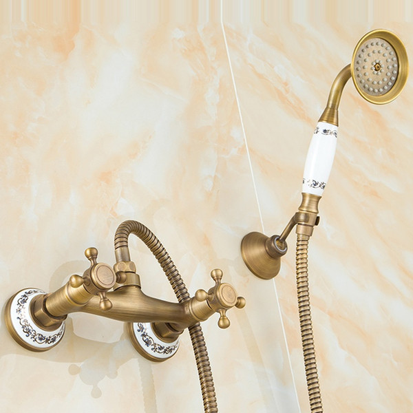 Antique Brass Bathroom Bath Wall Mounted Hand Held Shower Head Kit Shower Faucet Sets (Color: Antique brass)