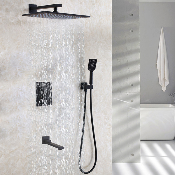 Thermostatic Bathroom Shower Faucet Set Contemporary 12 Inch Rain Shower Head Black Rotation Spout Shower Mixer Valve