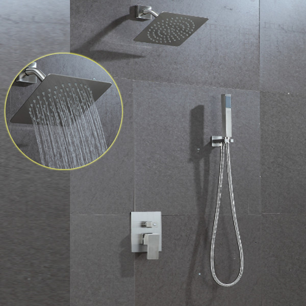 New design ultra thin water saving shower head set rainfall 8inch square stainless steel brushed in-wall big rain bathroom shower head set