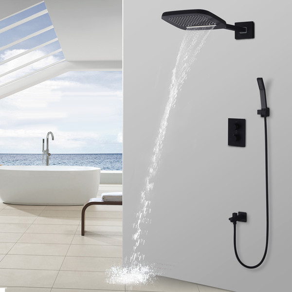 Black Shower Thermostatic Waterfall Rain Shower Head & Hand Shower Set in Solid Brass Bathroom Faucet Wall Mounted System