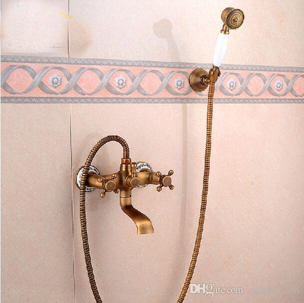 Brass Antique Wall Mount Handheld Bathtub Shower Faucet Set Dual Handles Bathroom Shower Mixer Tap