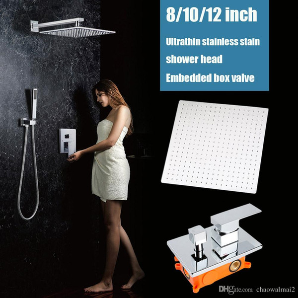 2 ways wall mounted rainfall shower set bathroom bath shower faucet valve 8 / 10 / 12 inch shower head chrome with embedded box