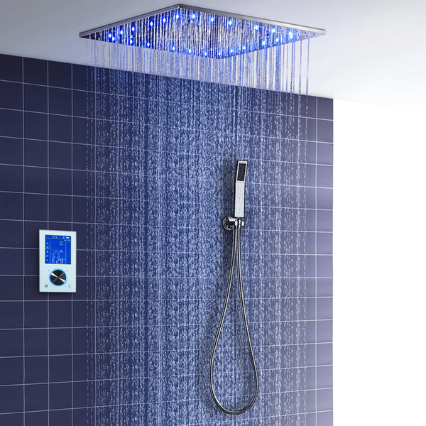 2019 Digital Shower Faucets Set Thermostatic LED Ceiling Mounted Big Rain Spa Misty Showerhead + hand shower / 20 inch shower