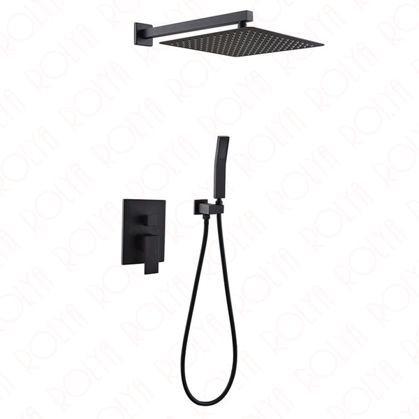 Rolya Square Style Matte Black Bathroom Shower Set Concealed Waterfall in wall rain shower faucet Luxury Solid Brass