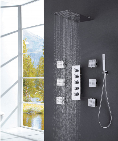 Soild Brass Thermostatic Valve Rain&Cascade Bath Stainless steel Shower Head Faucet Mixer Set W/Hand Sprayer