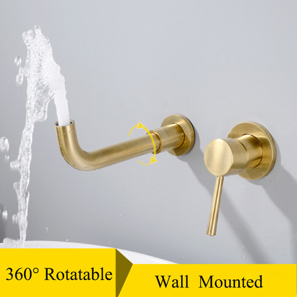 Brushed Golden Matte Faucets Concealed Bathroom Sink Tap Copper Basin Faucets Mixer Hot Cold Water Taps Wall Mounted Modern