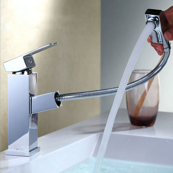 Square Shape Pull-Out Basin Faucet Bathroom/Kitchen Single Lever Vanity Sink Faucet Brass Chrome Water Taps