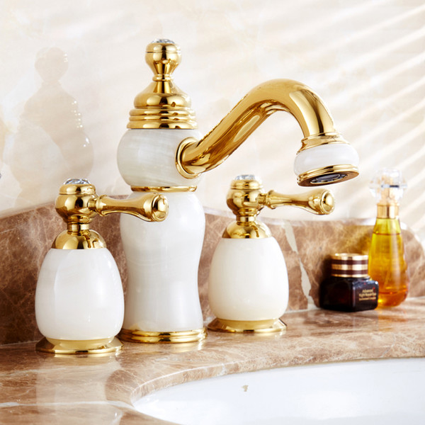 European Golden Color Basin Faucet Jade Crystal Faucets Handles Mixer Gold Basin Taps Cold & Hot 360 Degree Rotation Water Tap