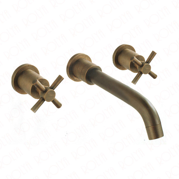 ROLYA New Arrival Luxurious Solid Brass Three Holes Dual Handles Wall Mounted Antique Bathroom Sink Faucets Mixer Tap