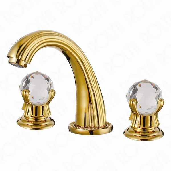 ROLYA Luxurious Golden Solid Brass 8 Inch Deck Mounted Basin Faucets Crystal Handles Bathroom Sink Mixer Tap