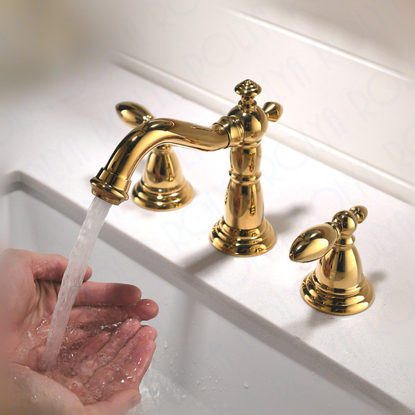 ROLYA Luxurious Golden Solid Brass Widespread Deck Mounted 3 holes Basin Faucets Crystal Handles Bathroom Sink Mixer Tap