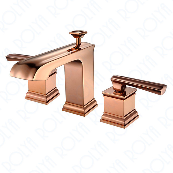 ROLYA Luxurious Rose Golden 3 holes Basin Faucet Widespread Deck Mounted Bathroom Sink Mixer Tap