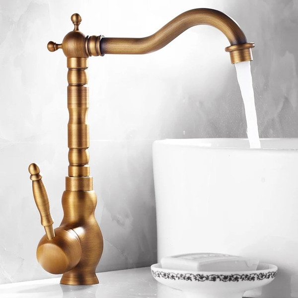 Brass Kitchen Faucet European Antique Faucet Retro Basin Faucet Rotating Single Handle Single Hole Hot And Cold Water Tap