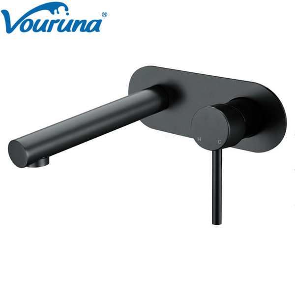 VOURUNA Matte Black Bathroom Faucet Wall Mounted Basin Tap with Plate