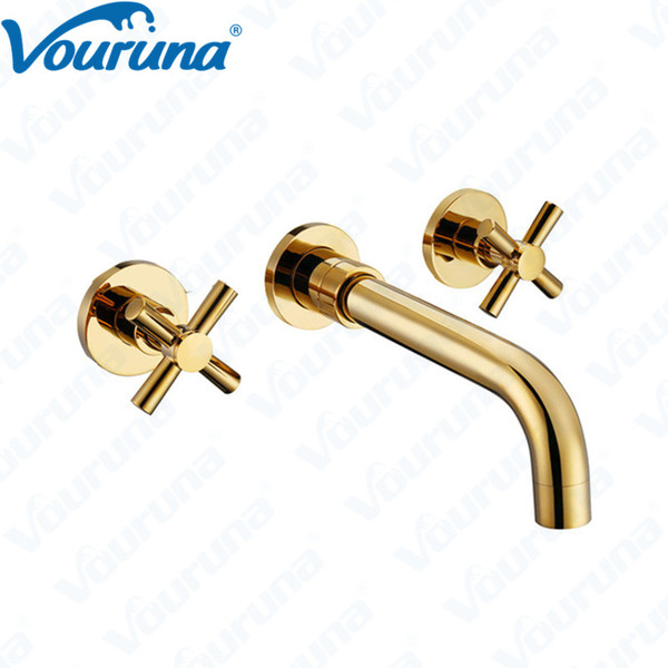 VOURUNA Golden wall mount 3-hole Bathroom faucet Hot Cold Basin Mixer Taps