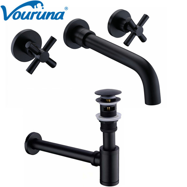 VOURUNA Dual Handles Matte Black Basin Set In Wall Mounted Bathroom Faucet&Basin Drainer System