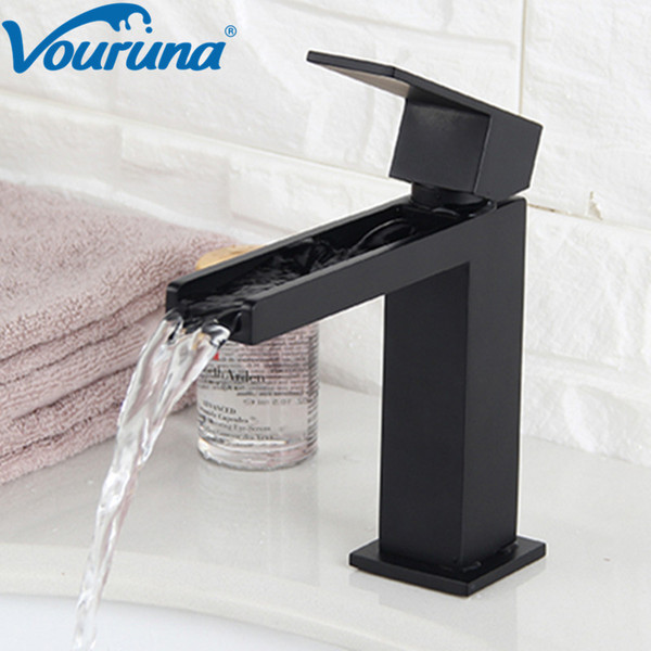 VOURUNA Matte Black Waterfall Basin Faucet Deck Mounted Bathroom Sink Mixer Tap Solid Brass Construction