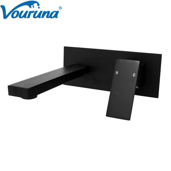 VOURUNA Square Style Cubix Matte Black Wall Basin Faucet Sink Mixer Bathroom Tap Vessel Taps Wall Spout with Plate