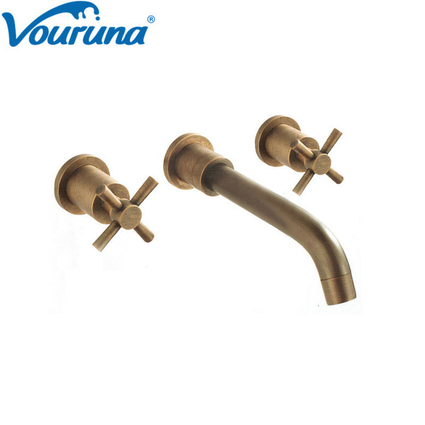 VOURUNA Antique Brass Bathroom Faucet with Cross Handles Basin Sink Faucet Nixer Hot and Cold Tap