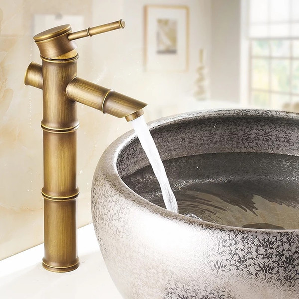 European antique bathroom sink basin faucet retro, Bamboo style single hole basin faucet vintage, Brass water tap hot and cold