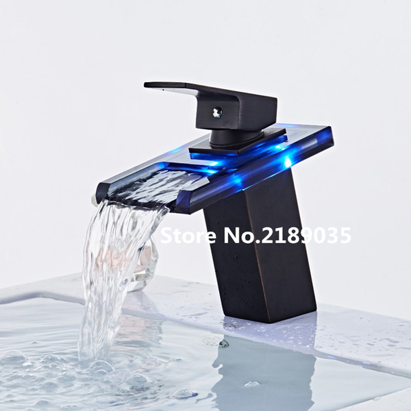 Three colours change LED Light Glass Waterfall Basin Faucet for Bathroom. The black Deck Mount Square Vanity Sink Mixer Tap