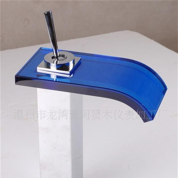 Square High Waterfall Water Tap Blue Platform Bathroom LED Sink Faucet Basin No Battery Single Handle Glass Spout 155my bb