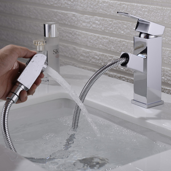 Bathroom Basin Faucet Water Tap Pull Out Spray Nozzle Solid Brass Single Handle Hot Cold Water Tap Mixer