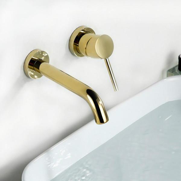 Gold Color Simple Wall Mounted Bathroom Faucet 100% Solid Brass Single Handle Basin Water Mixer Faucet Golden Tap Ware