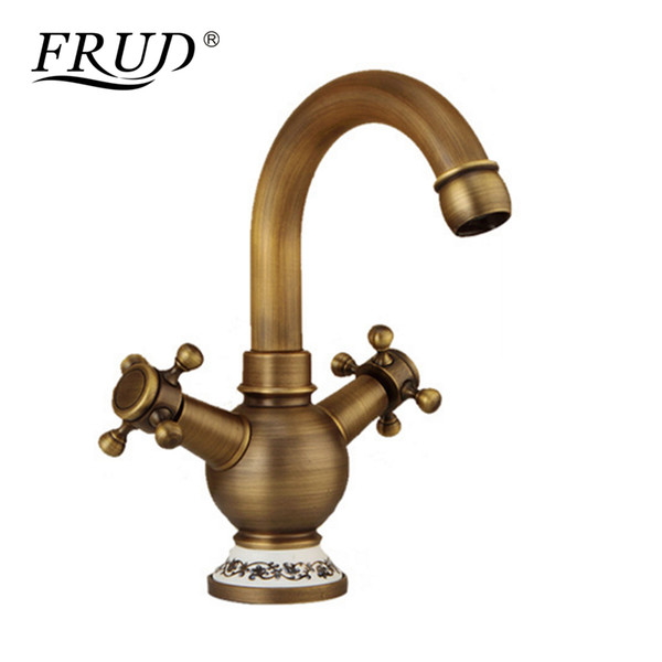 wholesale High Quality Vintage Style Bathroom Basin Faucet Antique Brass Body Double Handle Cold and Hot Water Mixers Tap Y10083