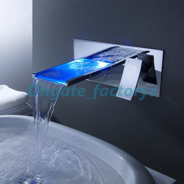 LED Light Faucet Waterfall Wall Mounted Bathroom Sink Faucet with Color Changing Mixer Tap With 1 Handle 1 Hole Hot And Cold