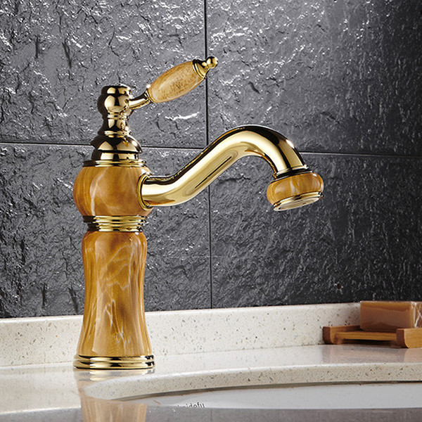 European Style Single Hole Bathroom Sink Faucet With Jade Painting/ Golden 360 Rotatable Bathroom Vessel Sink Faucet HS331