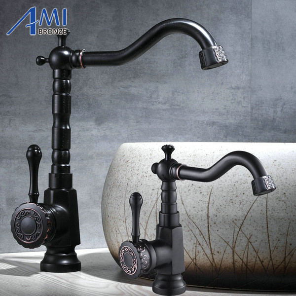 Newly Carved Black Brushed Basin Faucet 360 Swivel Carved Handle Bathroom Faucets Hot Cold Mixer Tap Kitchen Faucets 906B