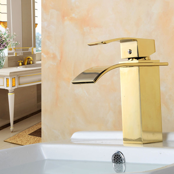 Bathroom Waterfall Faucet Deck Mounted Brass Vanity Sink Mixer Tap Gold/Chrome/ Rose Golden Sink Brass Bathroom Basin Faucet