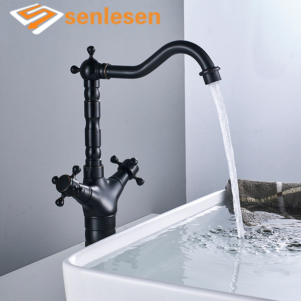 Senlesen Basin Faucet Oil Rubbed Bronze Brass Deck Mounted Hot and Cold Mixer Tap Dual Handles Para Bathroom Sink Washing