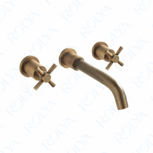 Rolya Antique Brass Bathroom Faucet Dual Cross Handles Wall Mounting Solid Copper Old Style Basin Faucet Tap Set