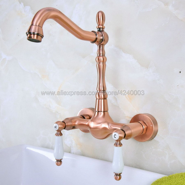 Antique Red Copper Tow Hole Wall Mounted Bathroom Basin Faucet / 360 Swivel Spout Kitchen Sink Mixer Taps Kna947