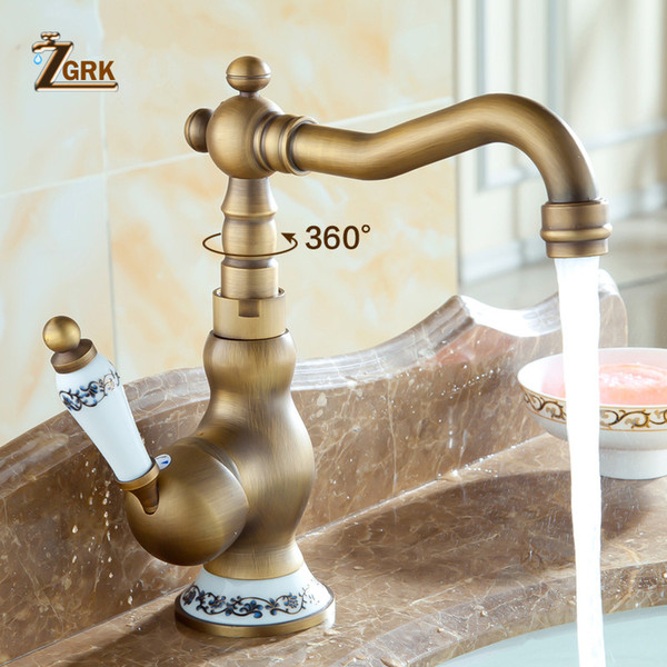 ZGRK Wholesale And Retail Deck Mounted Single Handle Bathroom Sink Mixer Faucet Antique Brass Hot and Cold Water Face Mixer Tap