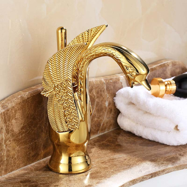 Wholesale- Gold Finish Luxury Swan Shape Brass Basin Sink Faucet Bathroom Single Hole Centerset Basin Mixer Tap